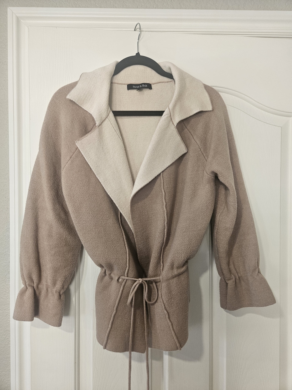 Sarah & B. Taupe and Cream Tie-Waist Cardigan. Smoke/Pet Free Home